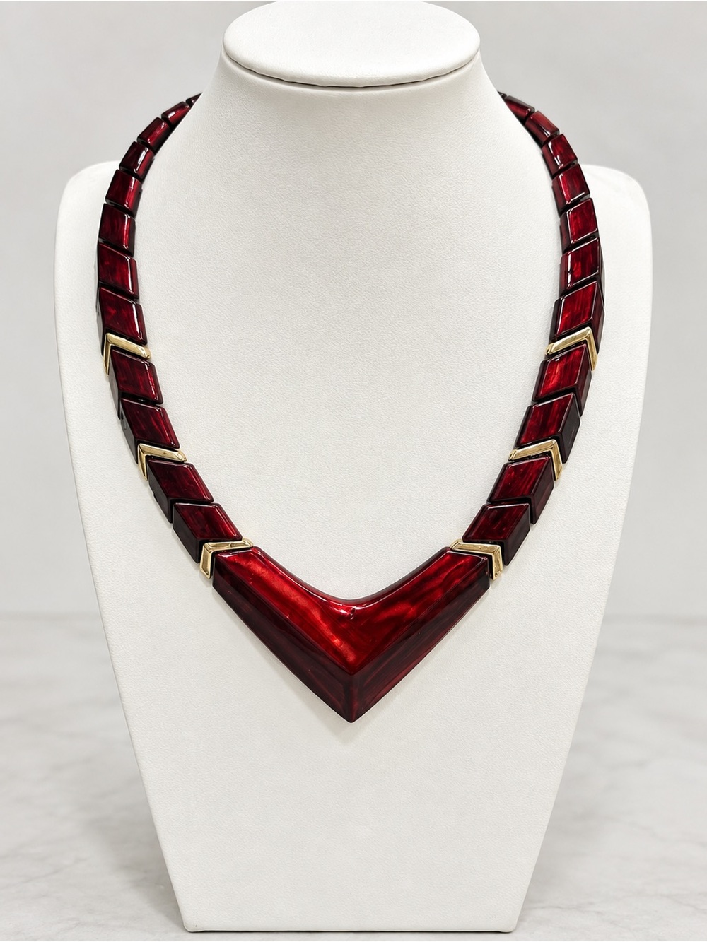 Vintage Red Lucite Statement Necklace Geometric V Pendant Gold Tone